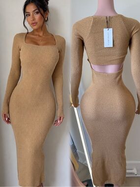 Cotton Candy Camel Rib-Knit Long Sleeve Midi Dress
